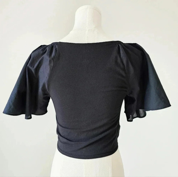 Maeve anthropologie Size xs crop top v neck cinched flutter sleeve black - Picture 2 of 7